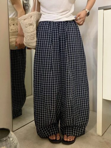 7616尹丽夏季新款格子高腰宽松慵懒风百搭显瘦阔腿女裤
