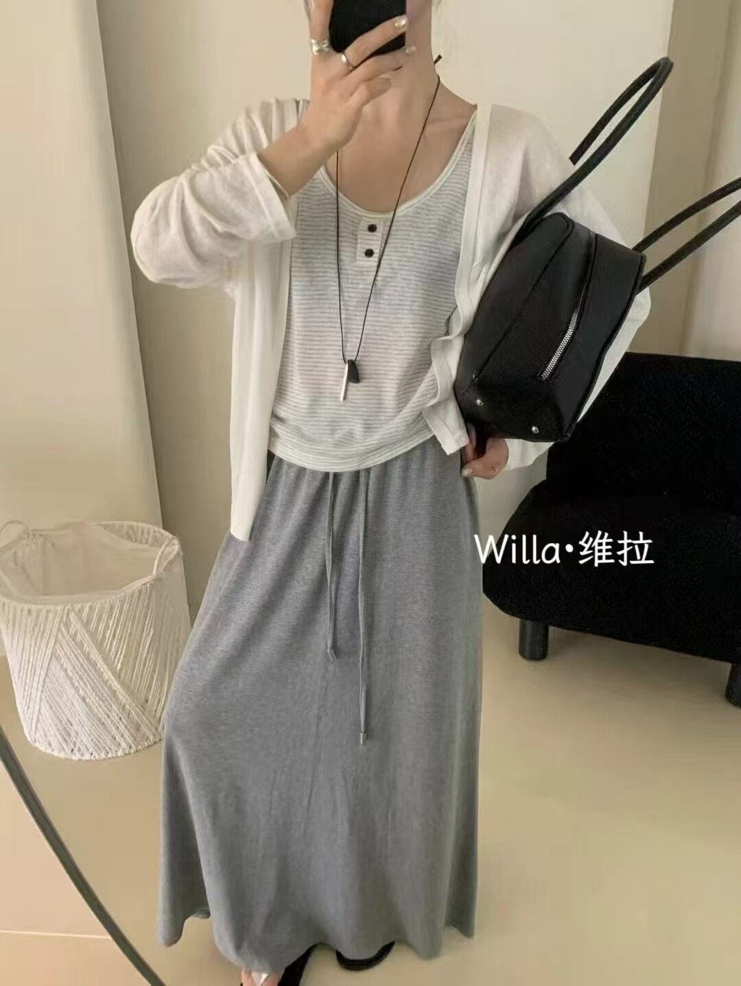6305维拉新款夏季韩系慵懒风防晒宽松显瘦背心开衫半身裙三件套