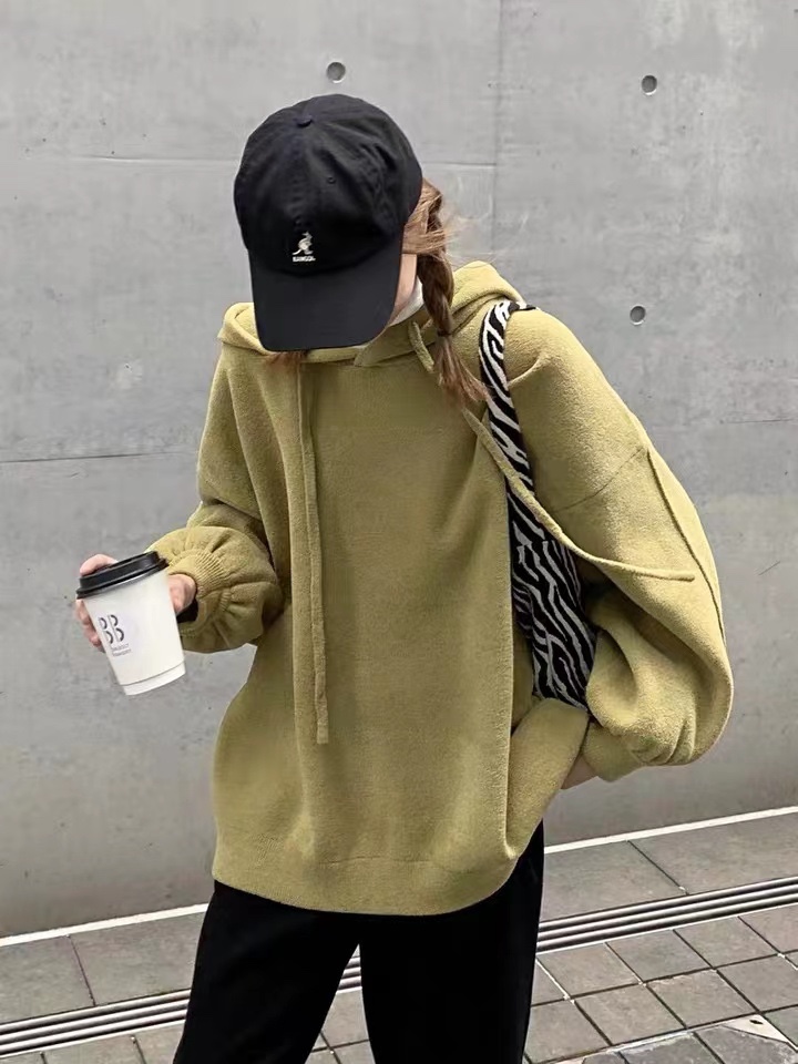 02660慵懒风连帽冬季宽松韩版加厚套头休闲时尚针织毛衣