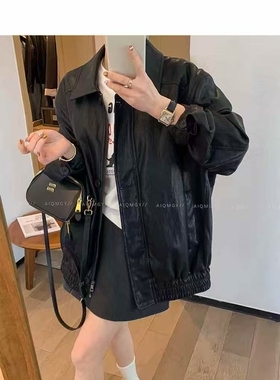 3117春季新款韩版宽松拉链扣子拉链百搭大版翻领皮衣外套