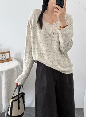 80993韩版女见外包装针织长袖毛针织衫套头款厚款拼色