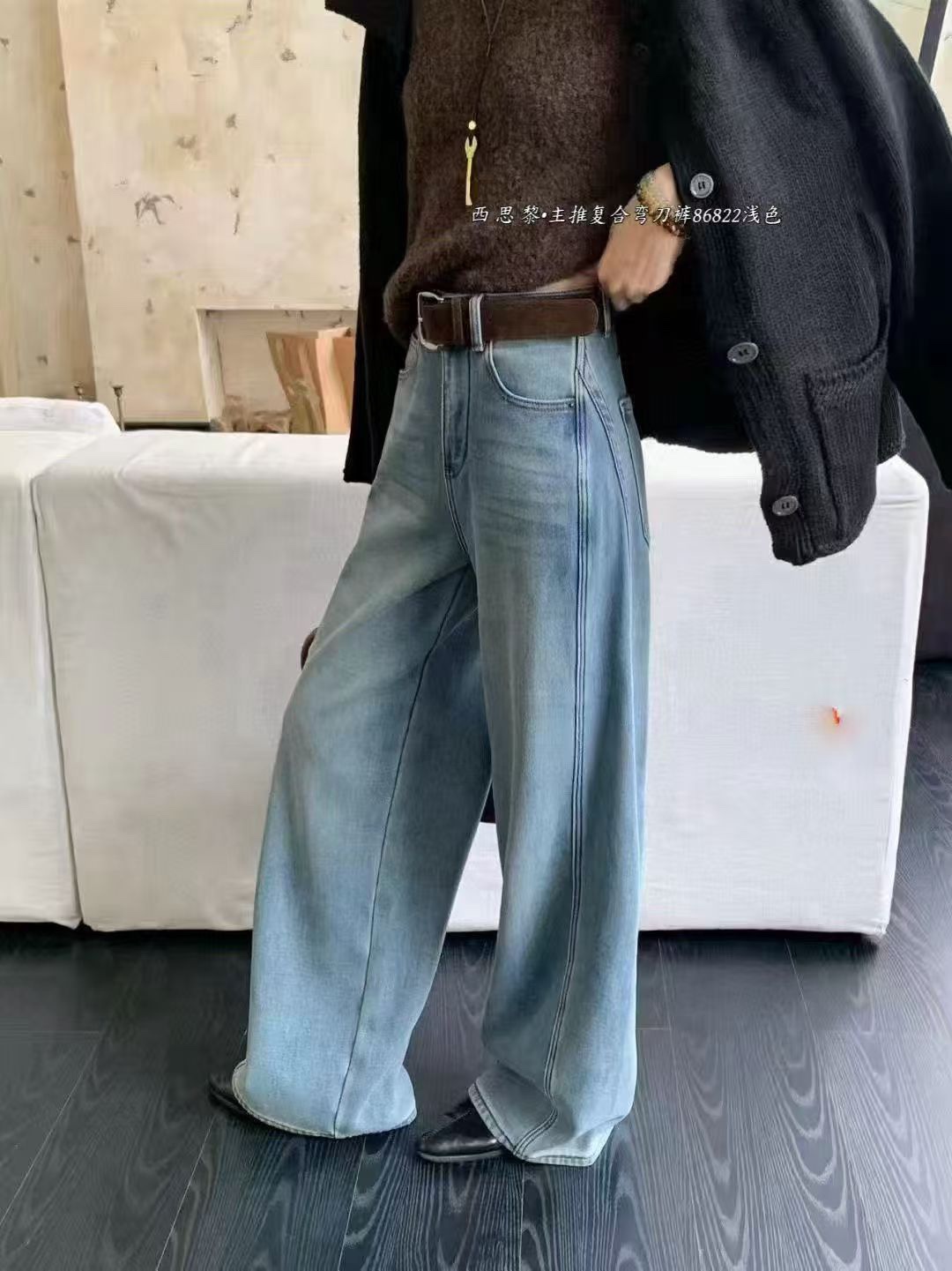 86822加绒加厚冬季新款高腰宽松显瘦弯刀阔腿牛仔裤百搭休闲长裤