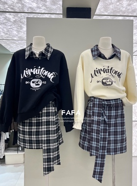 88538秋冬拼接娃娃领宽松百褶减龄翻领学院风格子休闲套装两件套