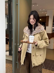 7797糖果加厚撞色翻领夹棉冬季保暖休闲宽松中长款棉服外套女