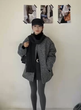 91099冬款极简百搭格纹小香风粗花呢羽绒外套设计师款带围巾