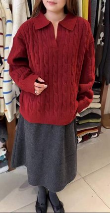 513yc新款冬季毛衣女休闲百搭慵懒风设计感翻领麻花毛衣