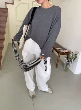 89088春夏UM韩版宽松大码慵懒休闲风圆领薄款长袖百搭T恤