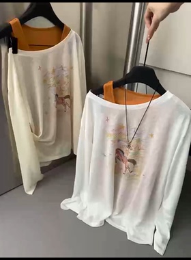 268561夏季oit新款韩系时尚宽松百搭露肩防晒T恤女大版真两件套