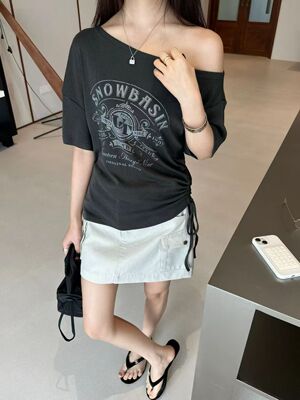 268635夏季oit韩系时尚宽松百搭斜肩印花短袖T恤
