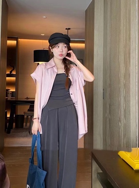 28850薄款气质宽松衬衫直筒休闲裤显瘦吊带时尚裤子阔腿裤套装