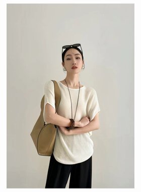 81999新款ss夏季韩系慵懒风宽松百搭蝙蝠袖圆领短袖上衣针织衫