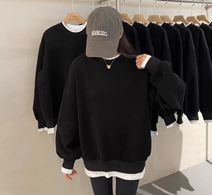807ss秋冬纯色加厚假两件拼接韩版套头宽松休闲时尚扛起球毛衣