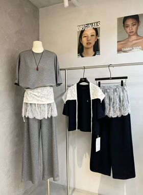268110春夏oit韩版宽松大码慵懒休闲风圆领T恤长裤配围裙三件套