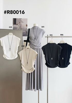 80016泡芙春夏韩版宽松大码慵懒休闲风纯色半高领百搭打底短袖T