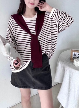 06111秋季假两件带帽显瘦韩版条纹宽松长袖百搭时尚休闲针织衫