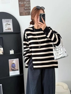 81102蓝粒绒条纹毛针织衫 下开叉毛衣圆领 减龄线衣套头秋冬季