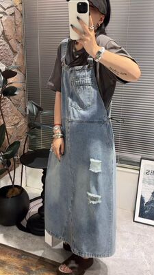 6657欢喜新款宽松复古风减龄显瘦遮肚中长款背带连衣裙
