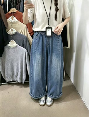 26511第九秋季韩版宽松大码显瘦百搭高腰阔腿弯刀牛仔九分