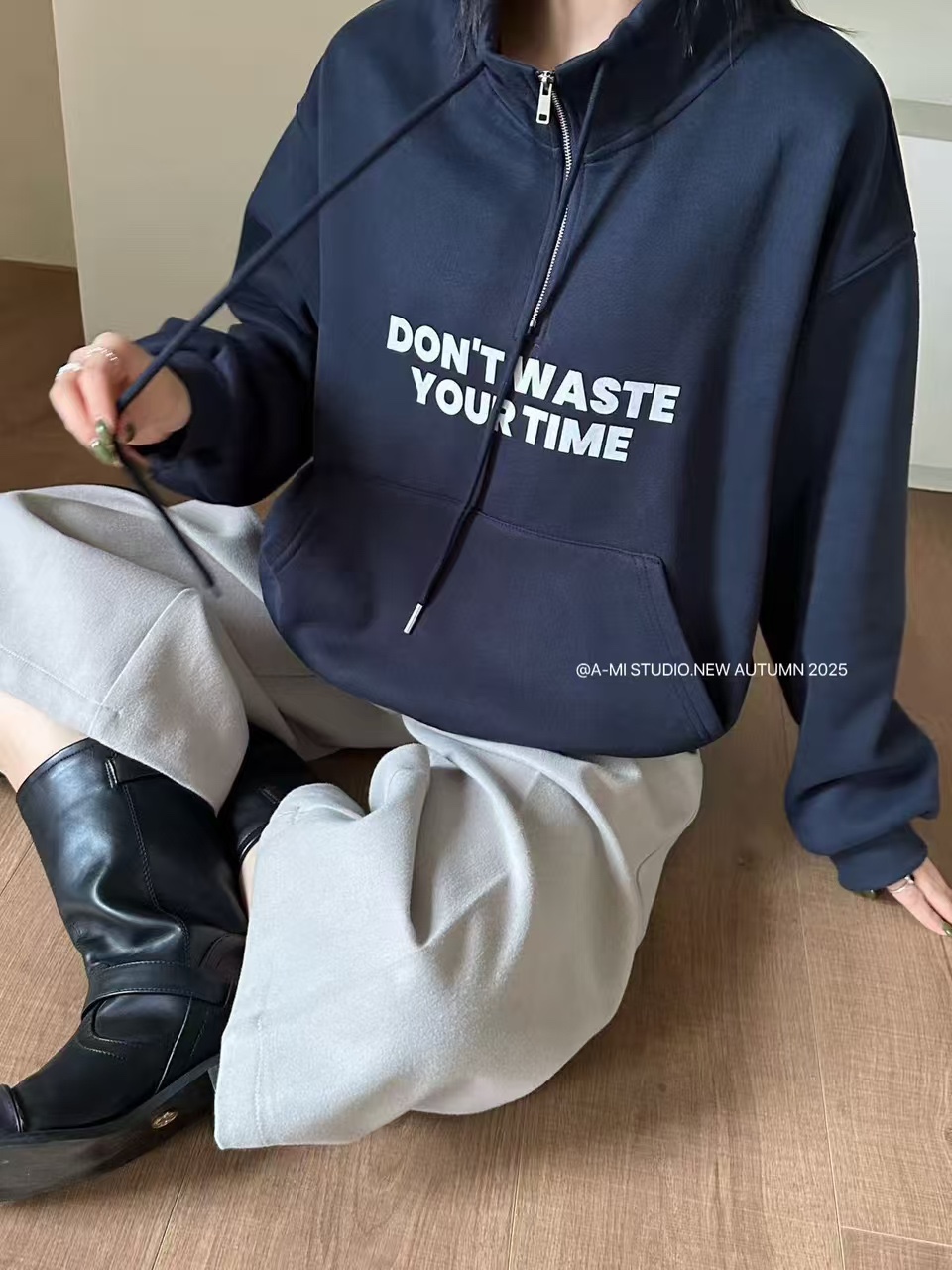 6236加绒加厚套头女款大码灰色卫衣立领休闲半拉链开衫拼接