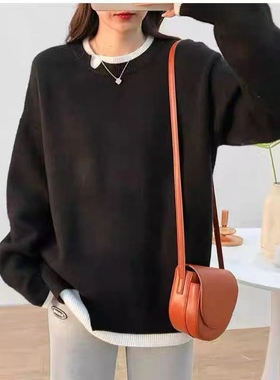 81099加厚蓝粒绒圆领常规针织拼色女常规款衫秋冬长袖毛衣休闲款