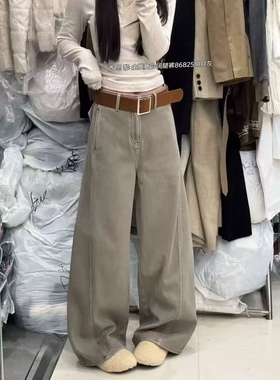 86825加绒加厚冬季新款高腰宽松显瘦弯刀阔腿牛仔裤女休闲百搭