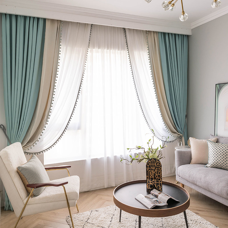 北欧素色纯色拼接清新薄荷绿遮光客厅卧室飘窗窗帘窗纱定制忆时光