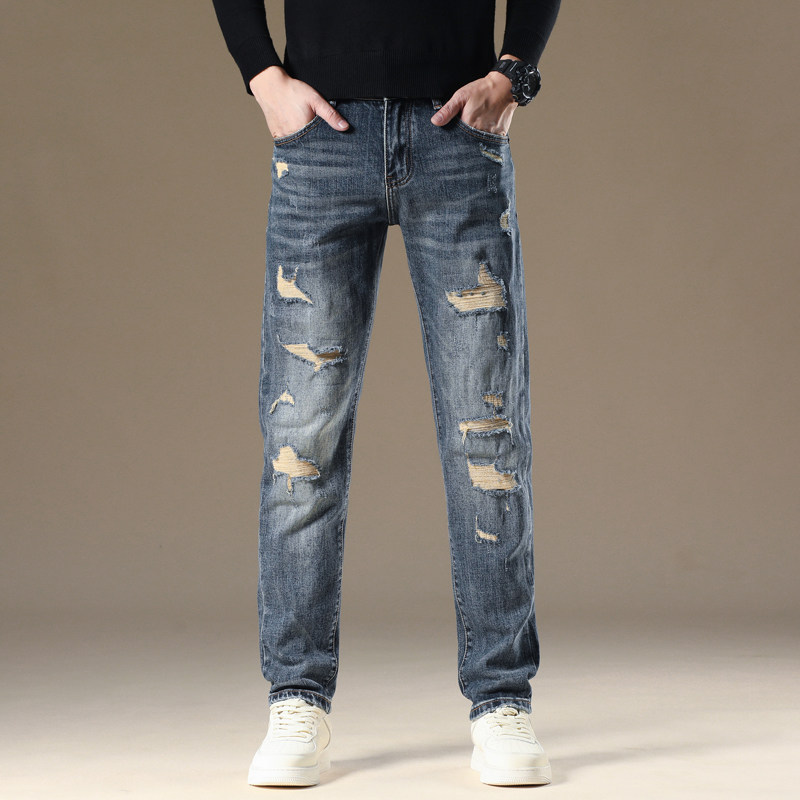 轻奢破洞复古牛仔裤男秋冬季美式潮牌痞帅风宽松直筒乞丐裤子男款