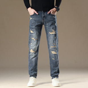 轻奢破洞复古牛仔裤男秋冬季美式潮牌痞帅风宽松直筒乞丐裤子男款
