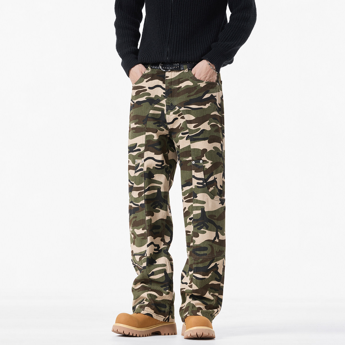 美式迷彩工装牛仔裤男潮牌直筒宽松阔腿裤百搭复古痞帅休闲长裤子