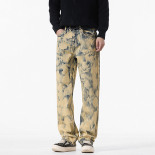 美式高街复古水洗牛仔裤男秋冬季潮牌痞帅炸街休闲宽松直筒长裤子