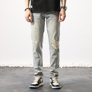 泼墨破洞复古牛仔裤男夏季薄款高街潮牌痞帅炸街修身小脚长裤子男