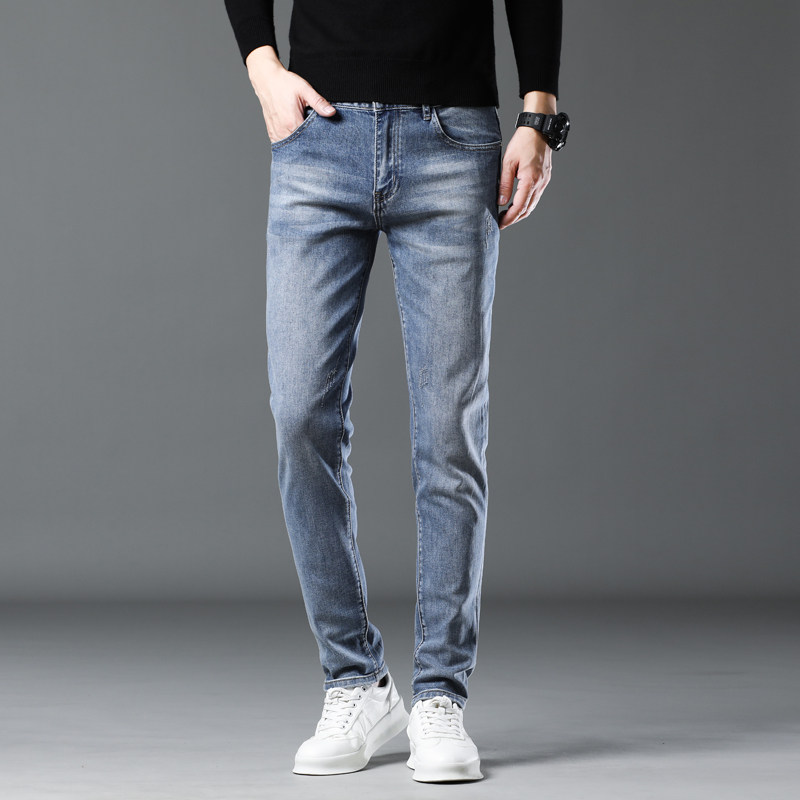 香港高端浅色牛仔裤男士春秋新款男款弹力修身小脚休闲裤子男潮流