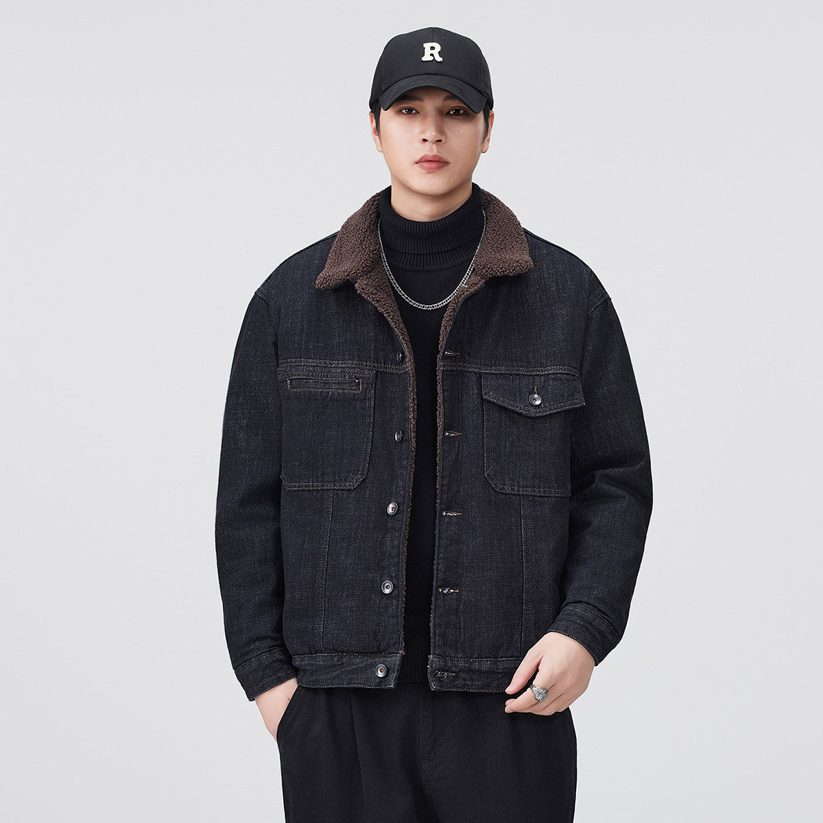 羊羔绒短款牛仔外套男冬季新款美式棉服复古工装夹克加厚棉衣潮流