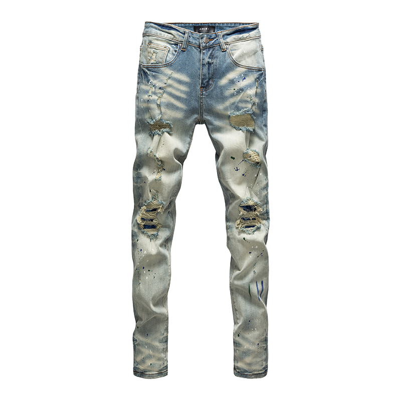 高端轻奢泼墨涂鸦破洞补丁牛仔裤