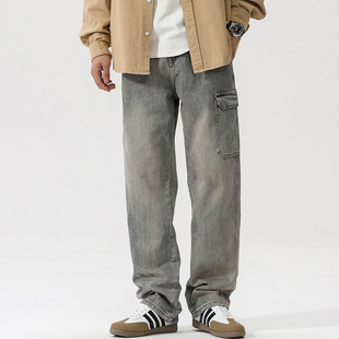 工装复古牛仔裤男士美式痞帅高街宽松直筒阔腿休闲百搭长裤子潮流