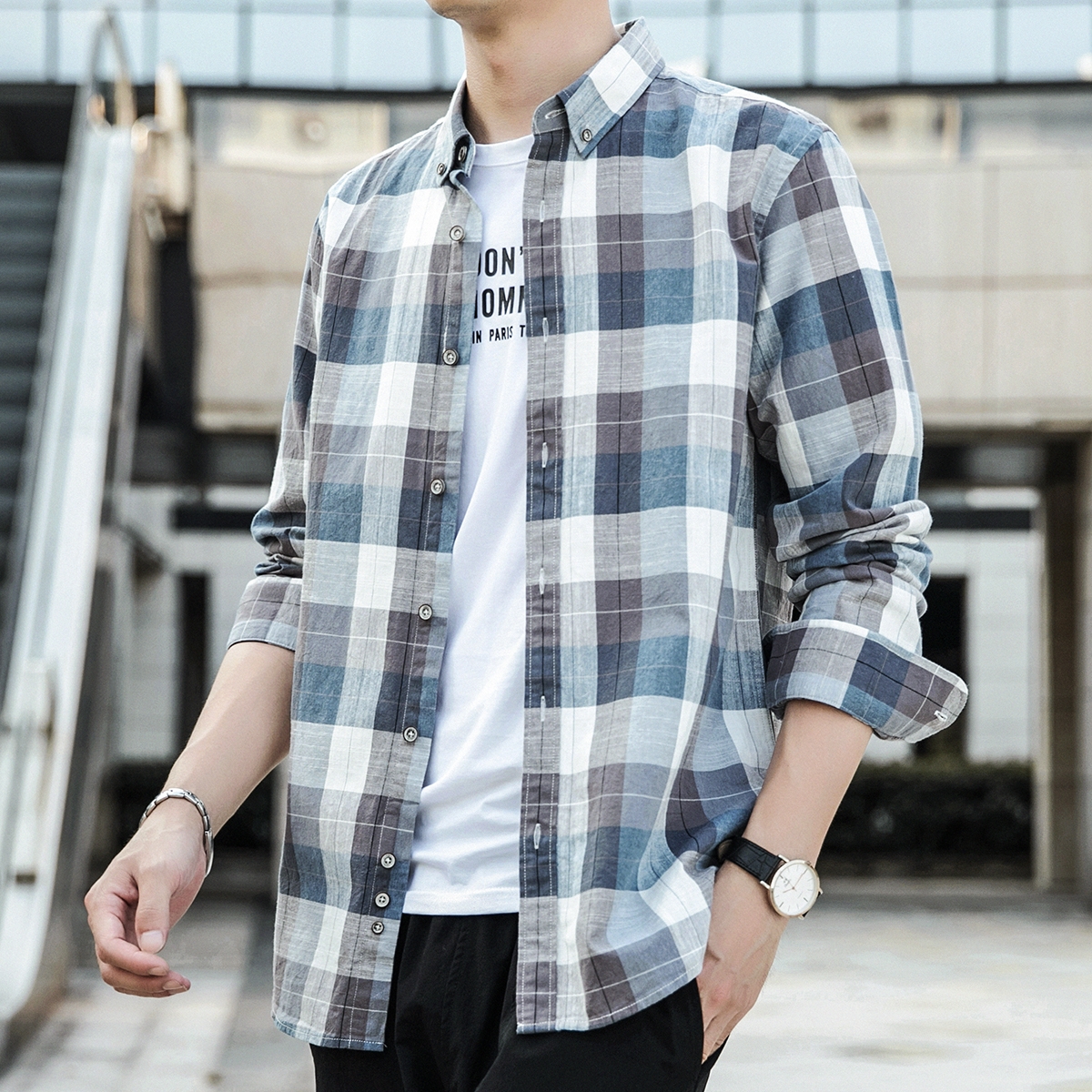 啄木鸟春季男士纯棉格子衬衫休闲