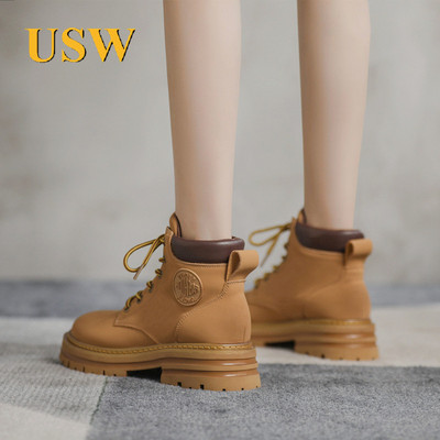意大利USW内增高大黄靴女2025冬季新款厚底英伦风马丁靴真皮靴子