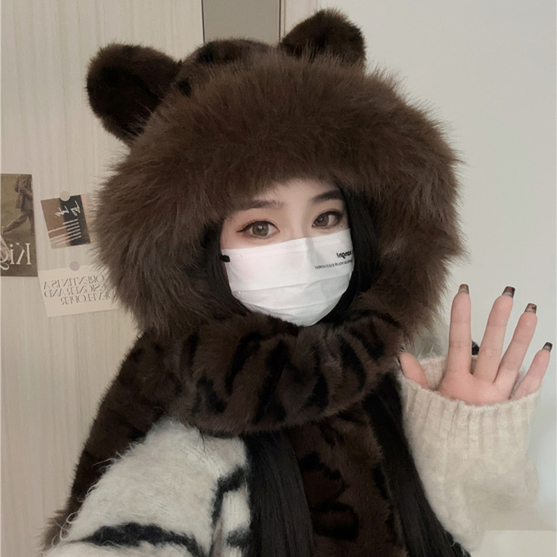 冬季可爱帽子围巾一体雷锋帽女