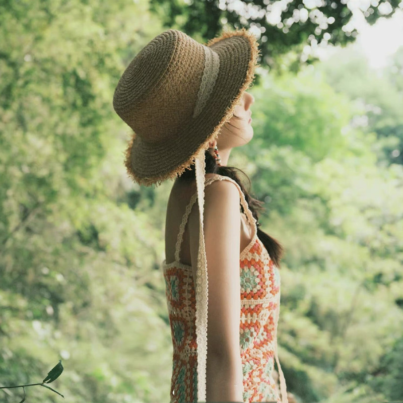 草帽户外休闲女夏季蕾丝绑带