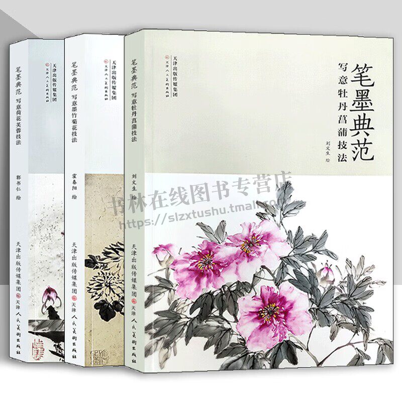 笔墨典范 全3册 写意牡丹菖蒲墨竹菊花荷花芙蓉技法 画国画技法丛书 写意画花卉画教学书籍 天津人美出版