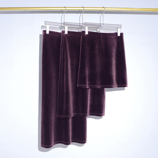 秋冬新款 深紫色丝绒高腰显瘦长裙松紧腰开叉气质A字直筒半身裙女