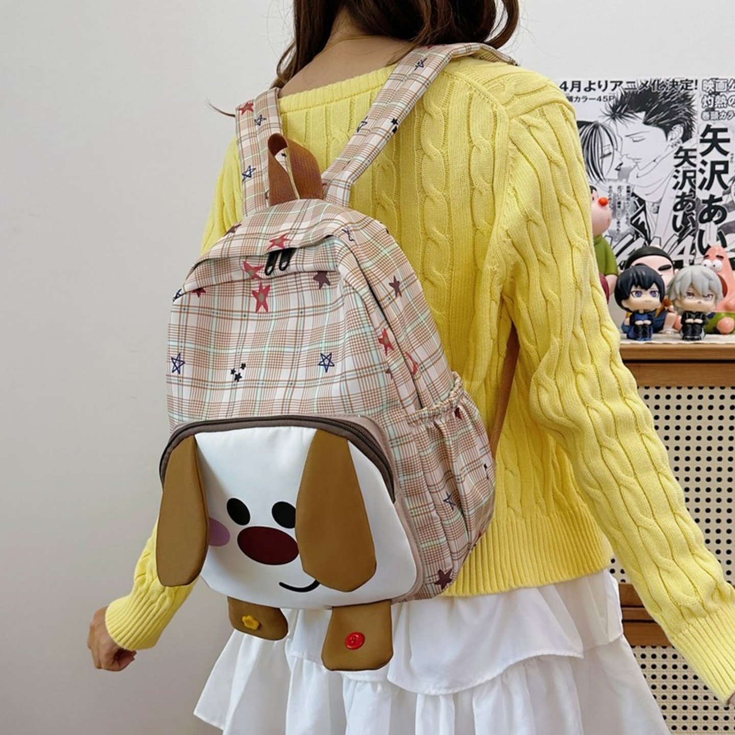 可爱小狗格纹双肩包女学生卡通高颜值轻便出游背包少女心旅游书包