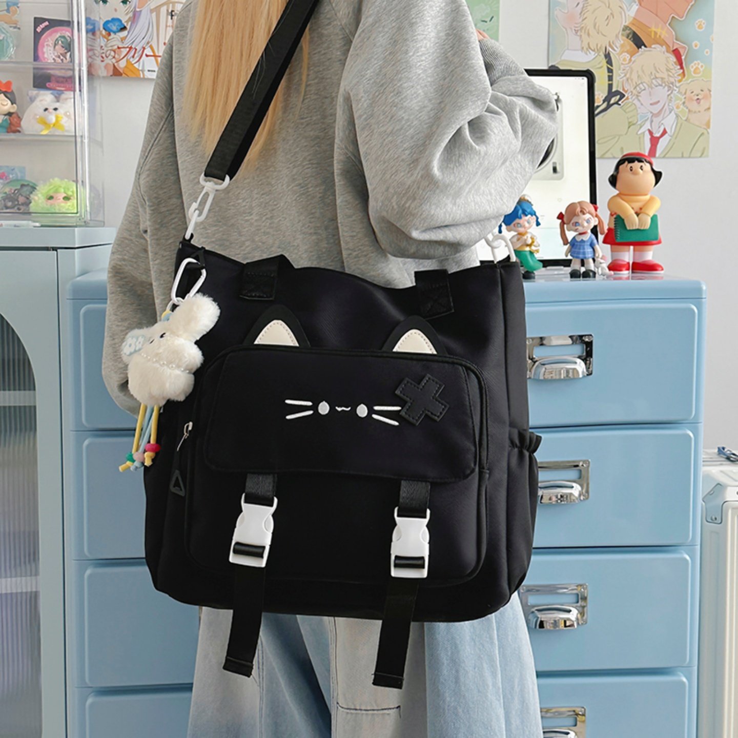 可爱小猫咪斜挎包女学院风大容量单肩包托特包学生上课补习手提袋