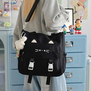 可爱小猫咪斜挎包女学院风大容量单肩包托特包学生上课补习手提袋