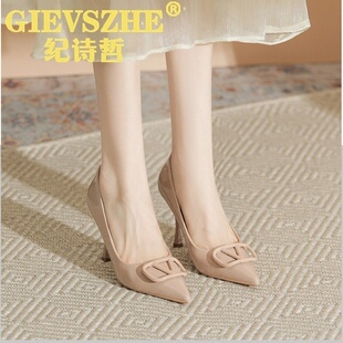 裸色大尺码 女2025新款 羊皮配裙子漆皮尖头细跟单 高跟鞋 纪诗哲法式