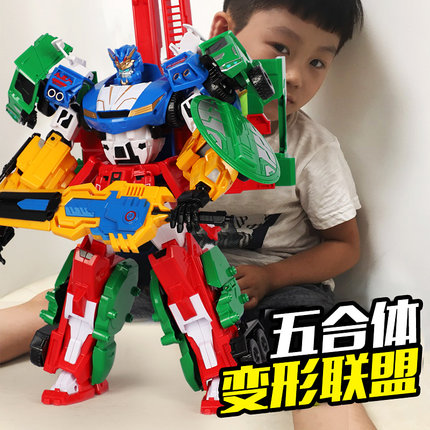正版 变形联盟玩具汽车变形机器人五合体普力士男孩超变战神机甲