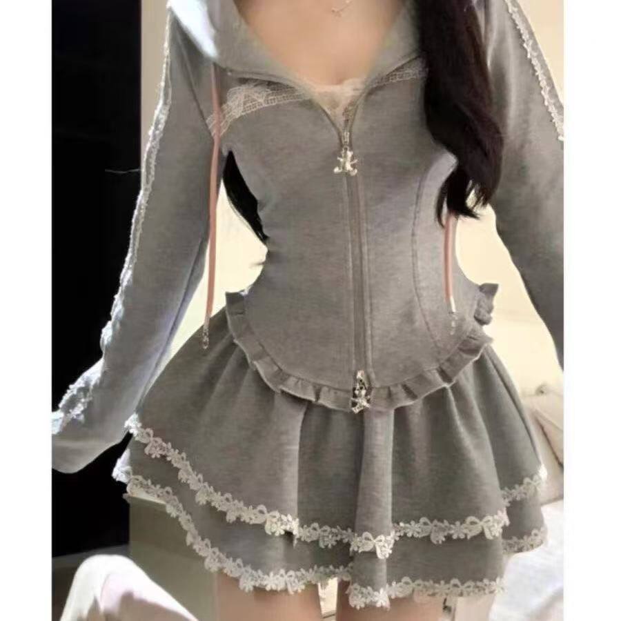 韩系chic甜辣独特绝美小套装小个子穿搭一整套花边连帽卫衣蓬蓬裙