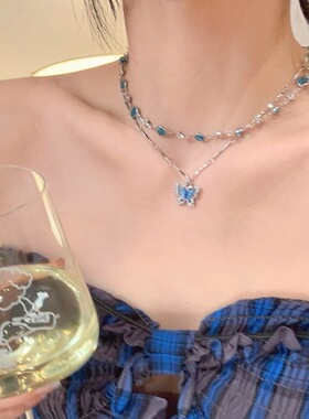 蓝色蝴蝶流苏项链女ins甜酷辣妹流苏设计叠戴锁骨链小众颈链配饰