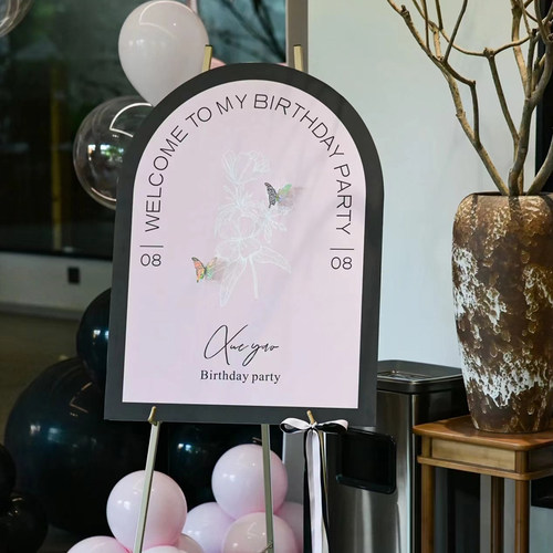 高级粉色生日气球迎宾牌结婚活动场景布置kt板定制
