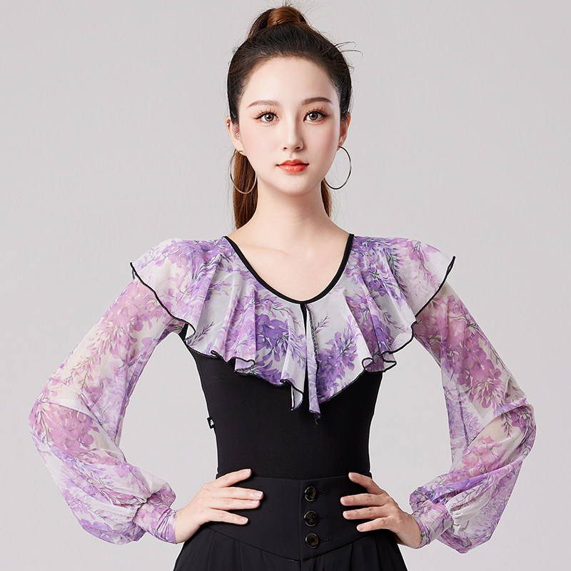 新款拉丁舞练功服夏季长袖上衣成人女广场舞跳舞衣服交谊舞演出服